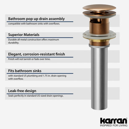 Pop-Up Bathroom Sink Drain with Overflow In Brushed Copper