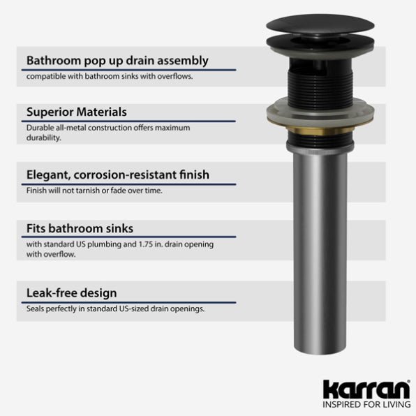 Pop-Up Bathroom Sink Drain with Overflow In Matte Black