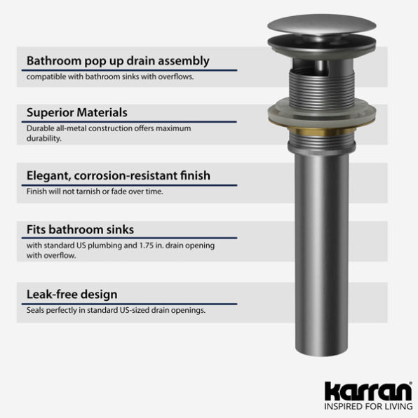 Pop-Up Bathroom Sink Drain with Overflow In Stainless Steel