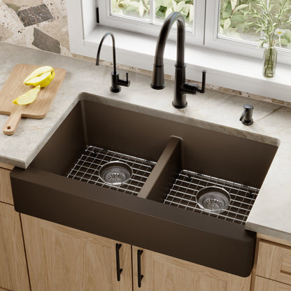 34" Retrofit Farmhouse Double Equal Bowl Quartz Composite Kitchen Sink Kit In Brown
