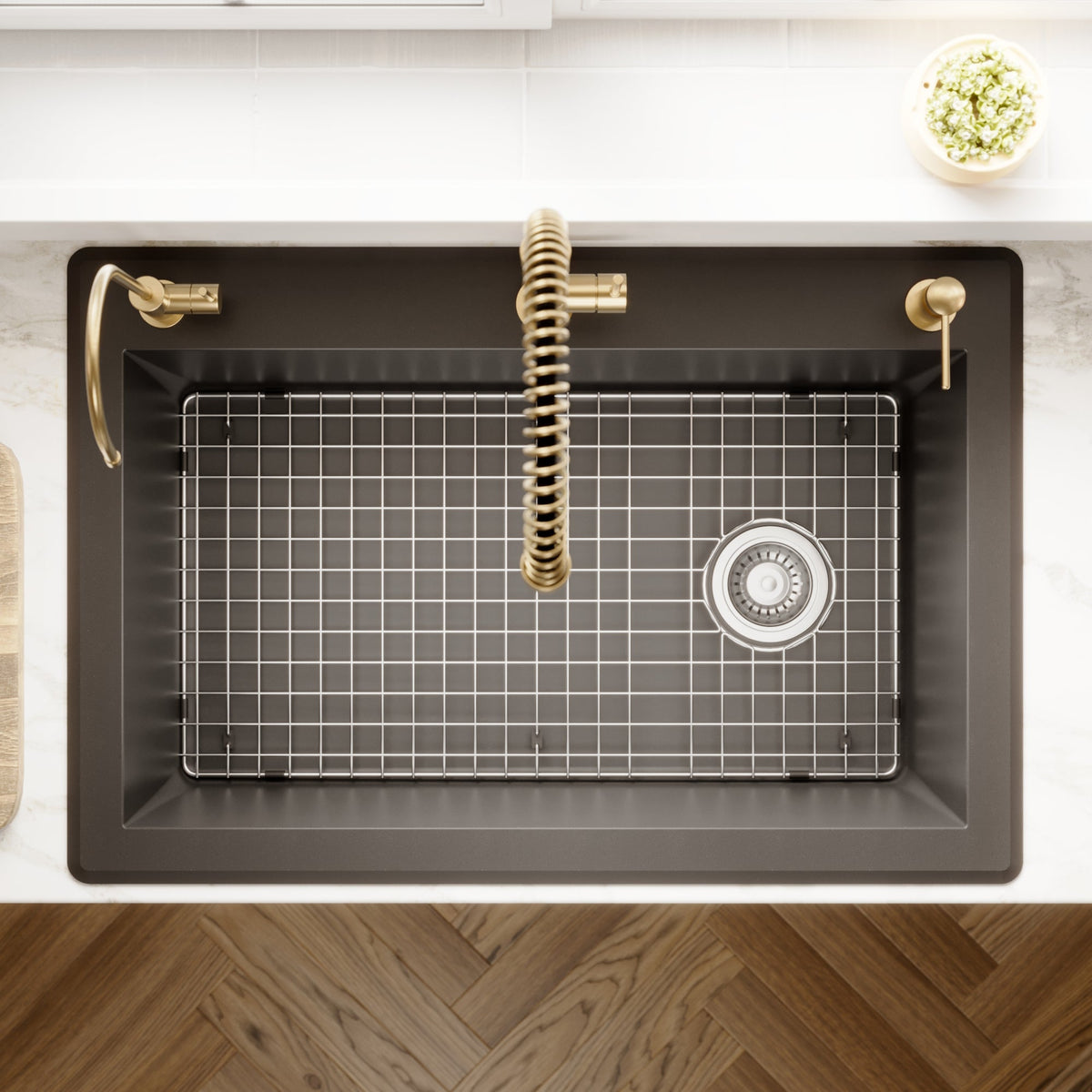 33" Top Mount Large Single Bowl Quartz Composite Kitchen Sink Kit In Black