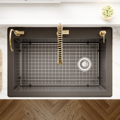 33" Top Mount Large Single Bowl Quartz Composite Kitchen Sink Kit In Black
