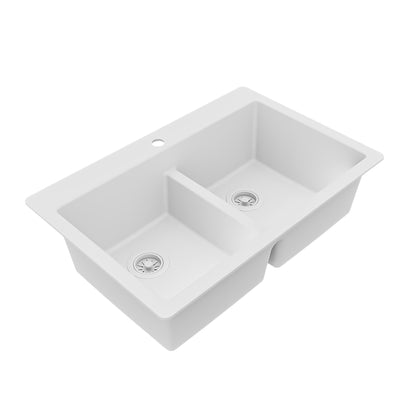 33" Top Mount Double Bowl Quartz Composite Kitchen Sink In White