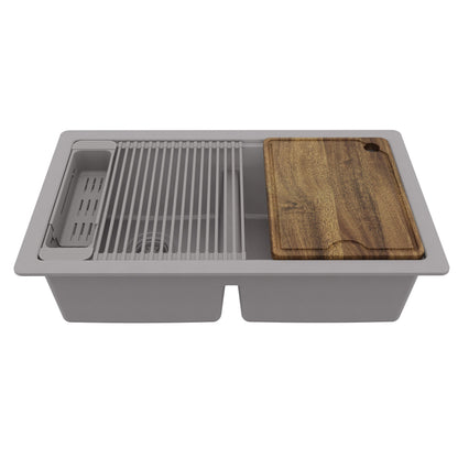 32" Undermount Double Bowl Quartz Kitchen Sink Kit In Grey