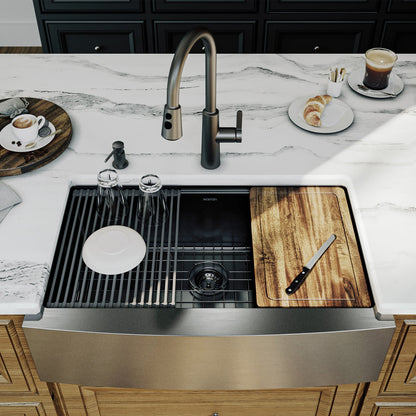 Elite 33" Apron Front Workstation 16 Gauge Single Bowl Stainless Steel Kitchen Sink In Gunmetal Black