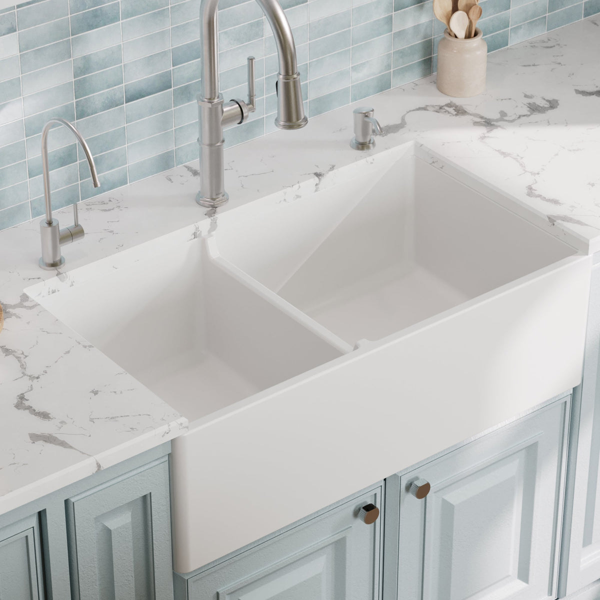 Fireclay 33" Reversible Apron Front Double Bowl Kitchen Sink In White