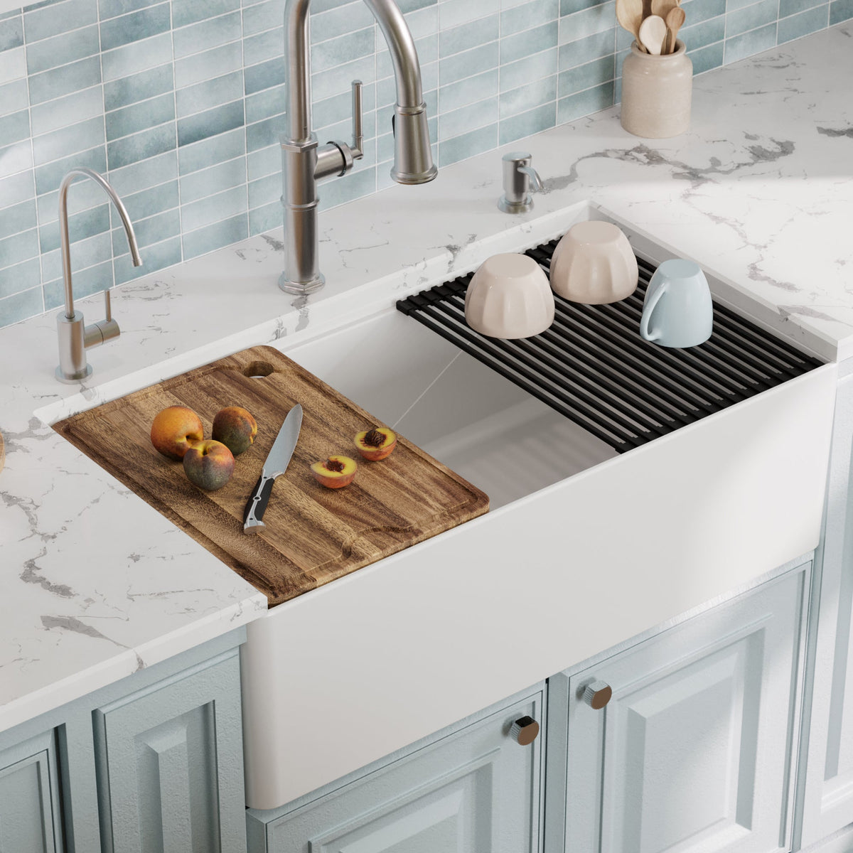 Fireclay 33" Reversible Apron Front Single Bowl Workstation Kitchen Sink In White