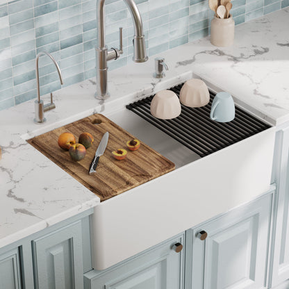 Fireclay 30" Reversible Apron Front Single Bowl Workstation Kitchen Sink In White