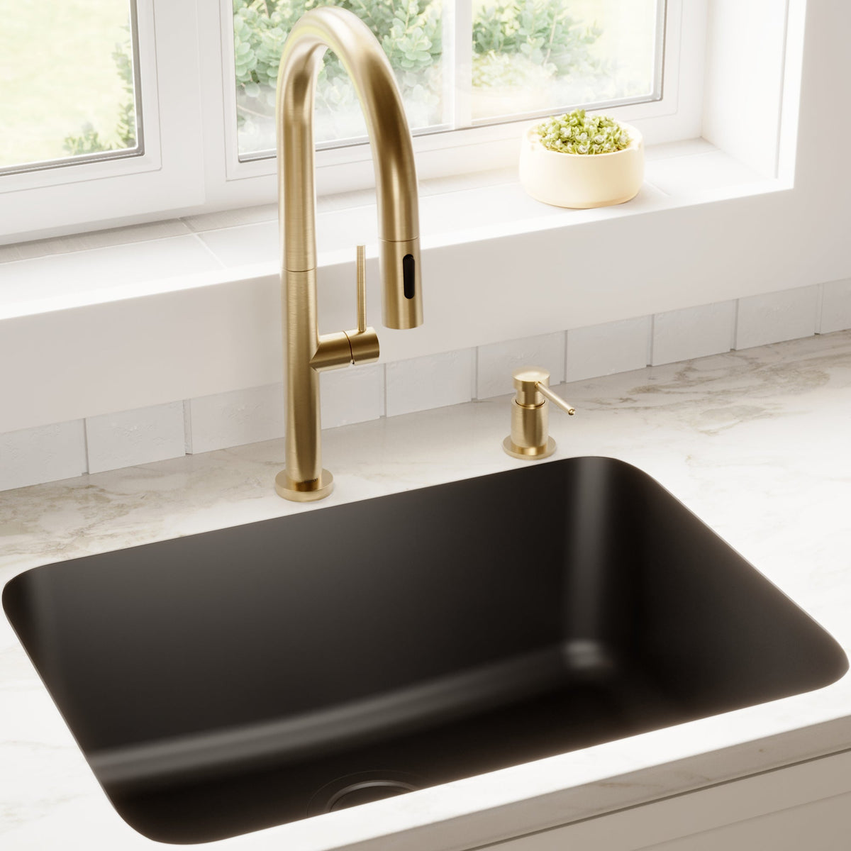 24-1/8" Seamless Undermount Single Bowl Quartz Composite Kitchen Sink In Black