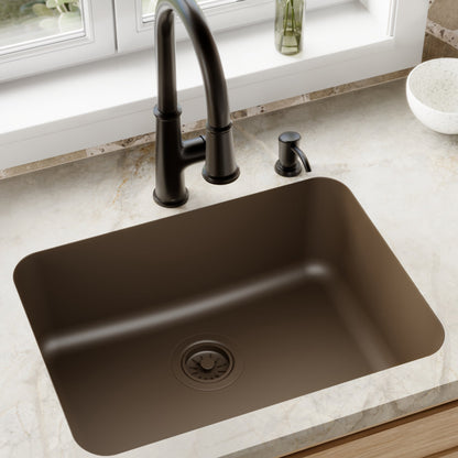 24-1/8" Seamless Undermount Single Bowl Quartz Composite Kitchen Sink In Brown