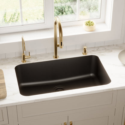 30-7/8" Seamless Undermount Large Single Bowl Quartz Composite Kitchen Sink In Black