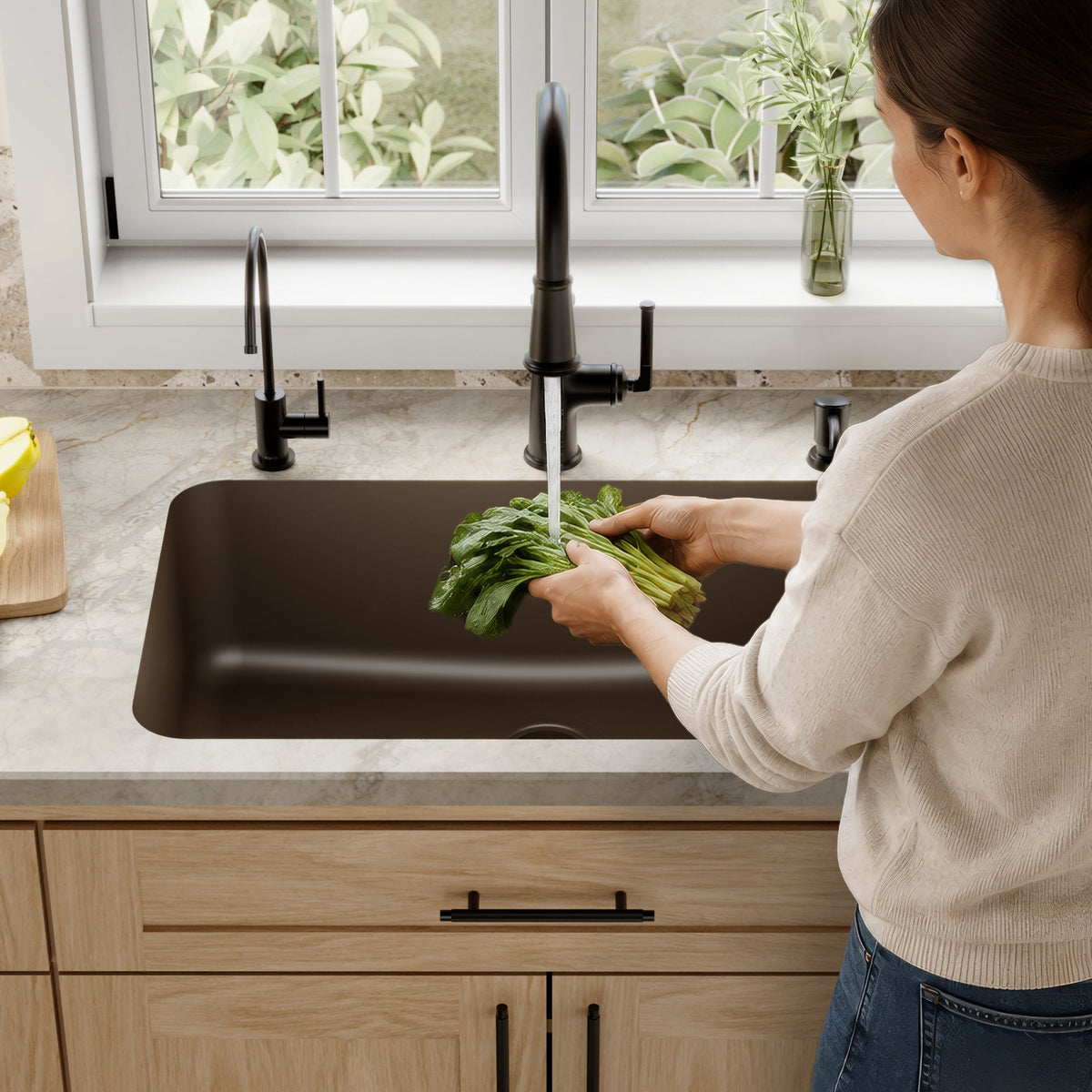 30-7/8" Seamless Undermount Large Single Bowl Quartz Composite Kitchen Sink In Brown