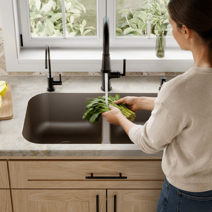 32-7/8" Seamless Undermount Doube Equal Bowl Quartz Composite Kitchen Sink In Brown