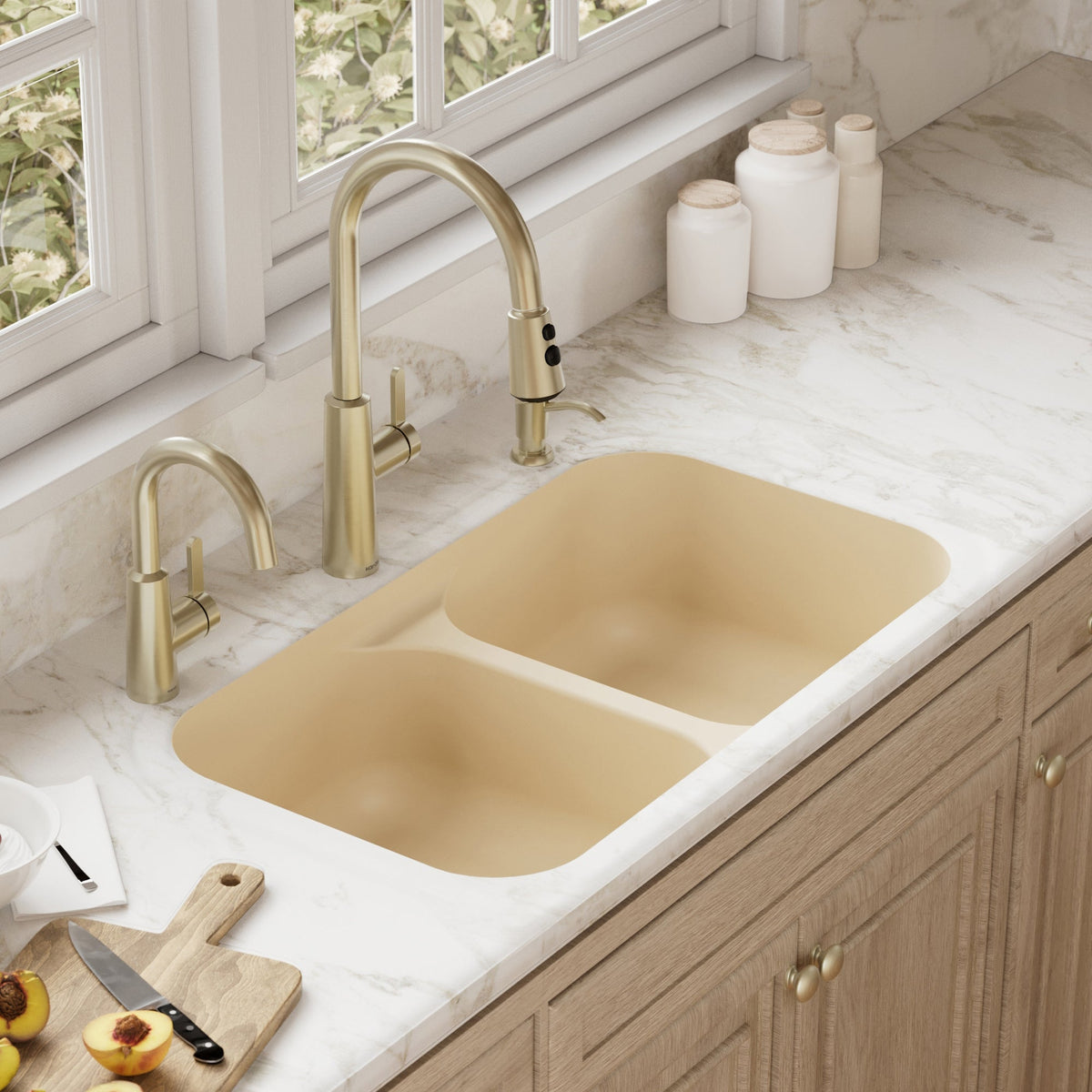 32-7/8" Seamless Undermount Doube Equal Bowl Quartz Composite Kitchen Sink In Bisque