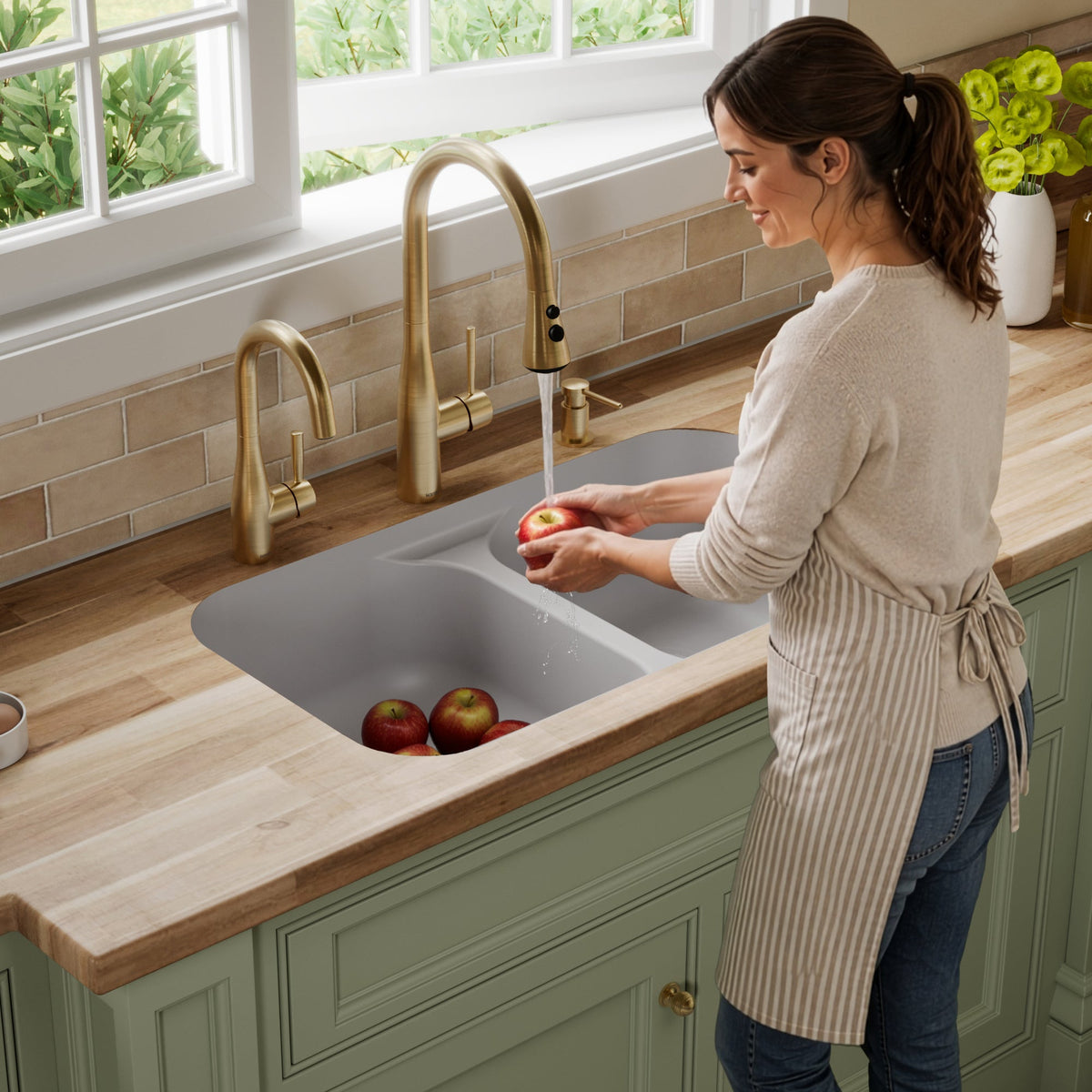 32-7/8" Seamless Undermount Doube Equal Bowl Quartz Composite Kitchen Sink In Grey
