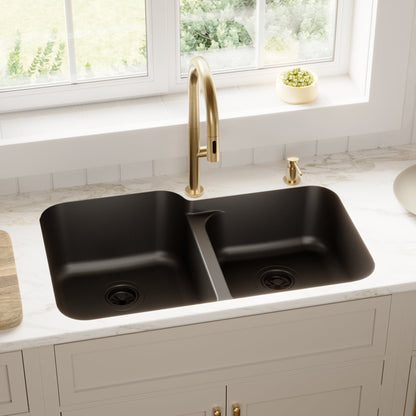 32-3/8" Seamless Undermount Double Offset Bowl Quartz Composite Kitchen Sink In Black
