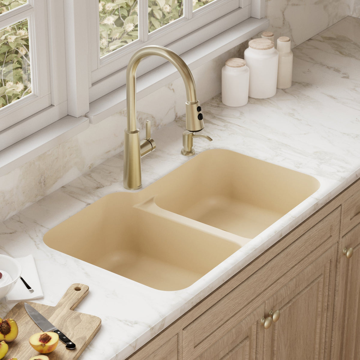 32-3/8" Seamless Undermount Double Offset Bowl Quartz Composite Kitchen Sink In Bisque