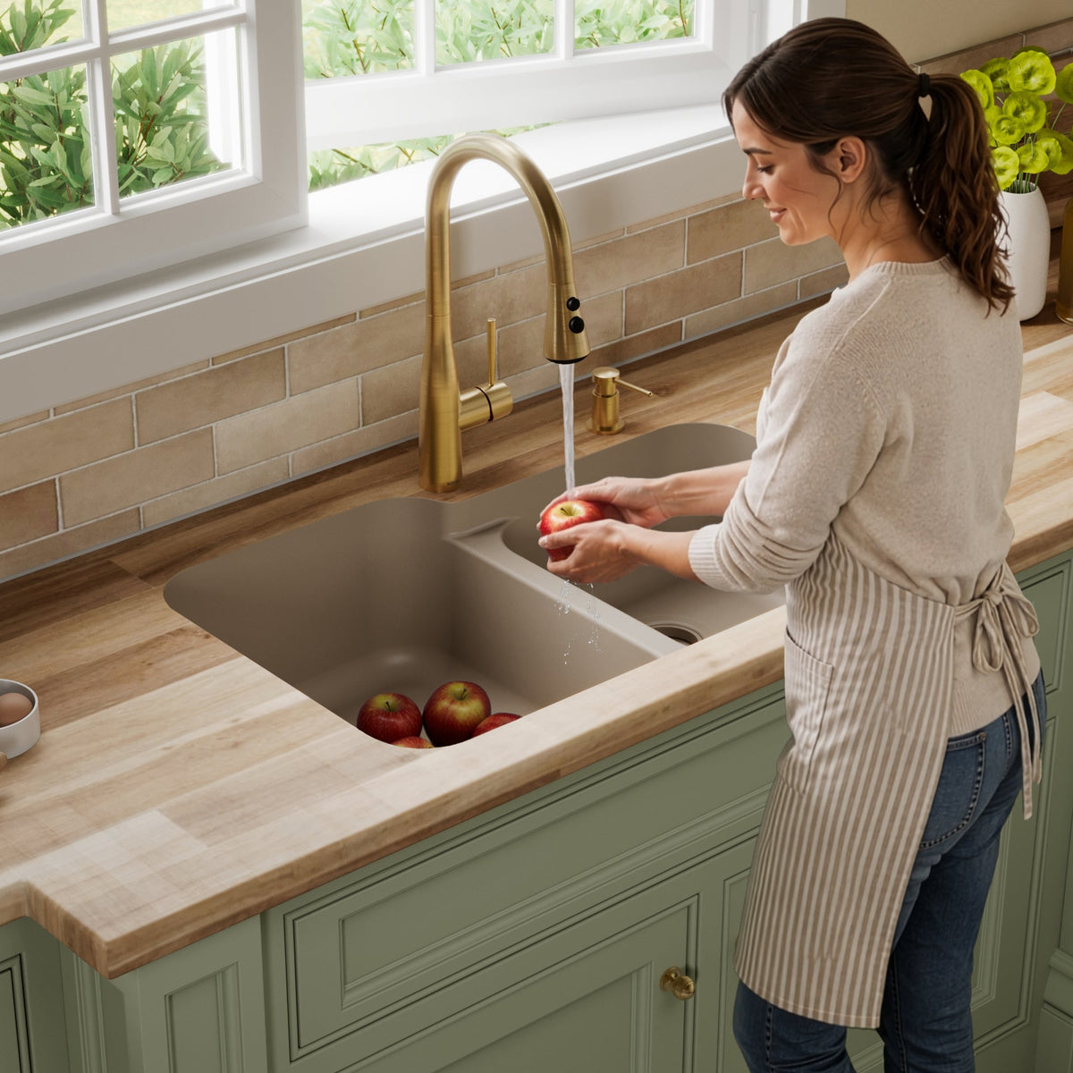 32-3/8" Seamless Undermount Double Offset Bowl Quartz Composite Kitchen Sink In Concrete