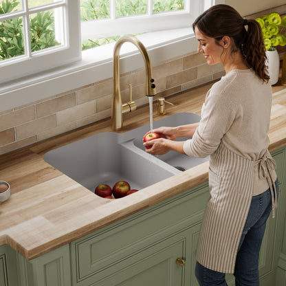 32-3/8" Seamless Undermount Double Offset Bowl Quartz Composite Kitchen Sink In Grey