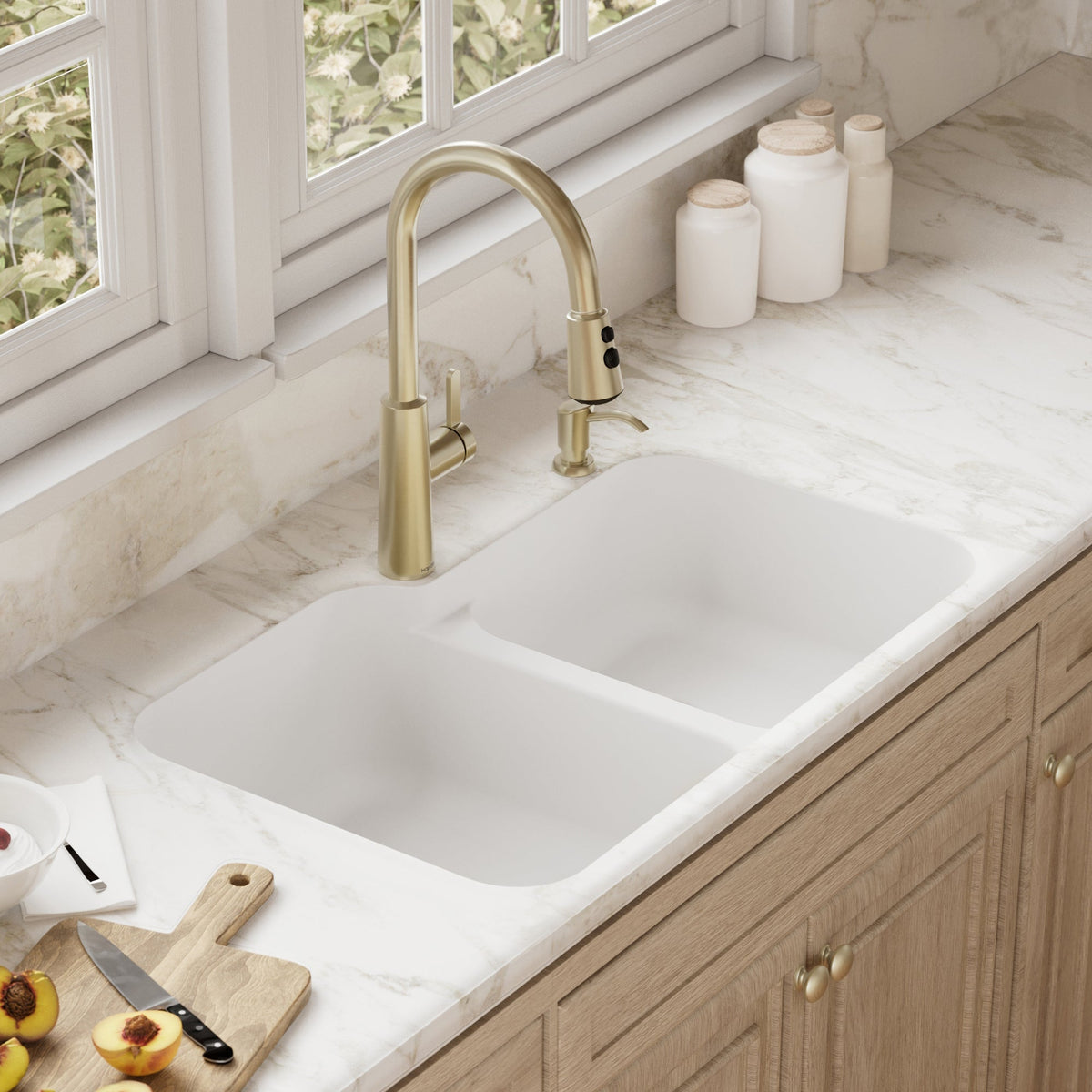 32-3/8" Seamless Undermount Double Offset Bowl Quartz Composite Kitchen Sink In White