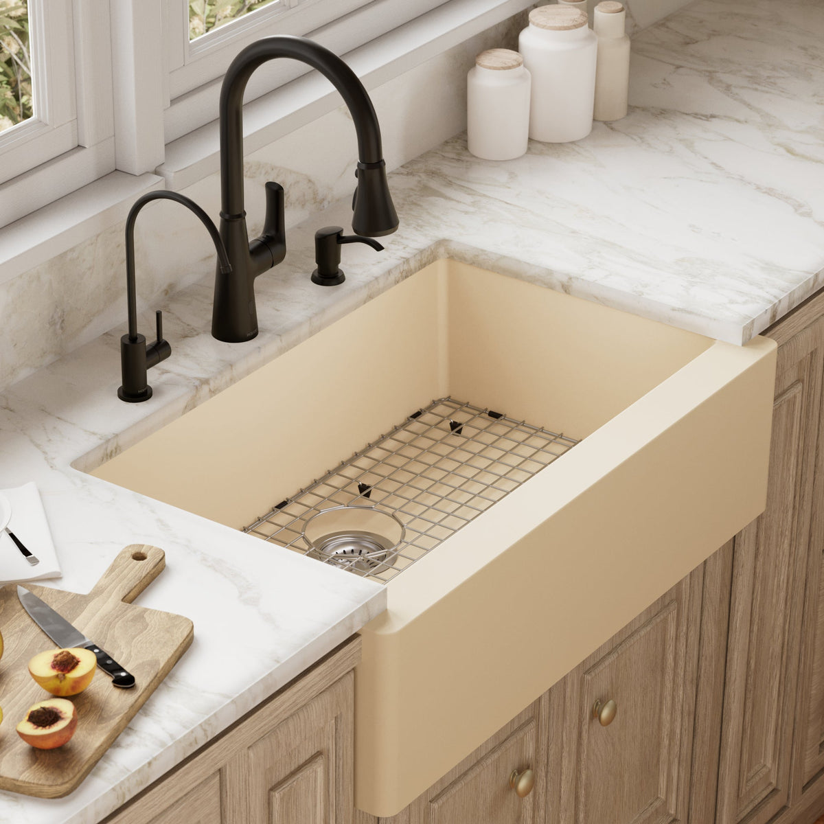 Farmhouse/Apron-Front Quartz Composite 34" Single Bowl Kitchen Sink Kit In Bisque