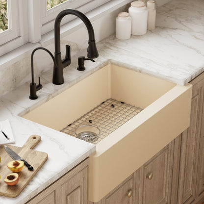 Farmhouse/Apron-Front Quartz Composite 34" Single Bowl Kitchen Sink Kit In Bisque