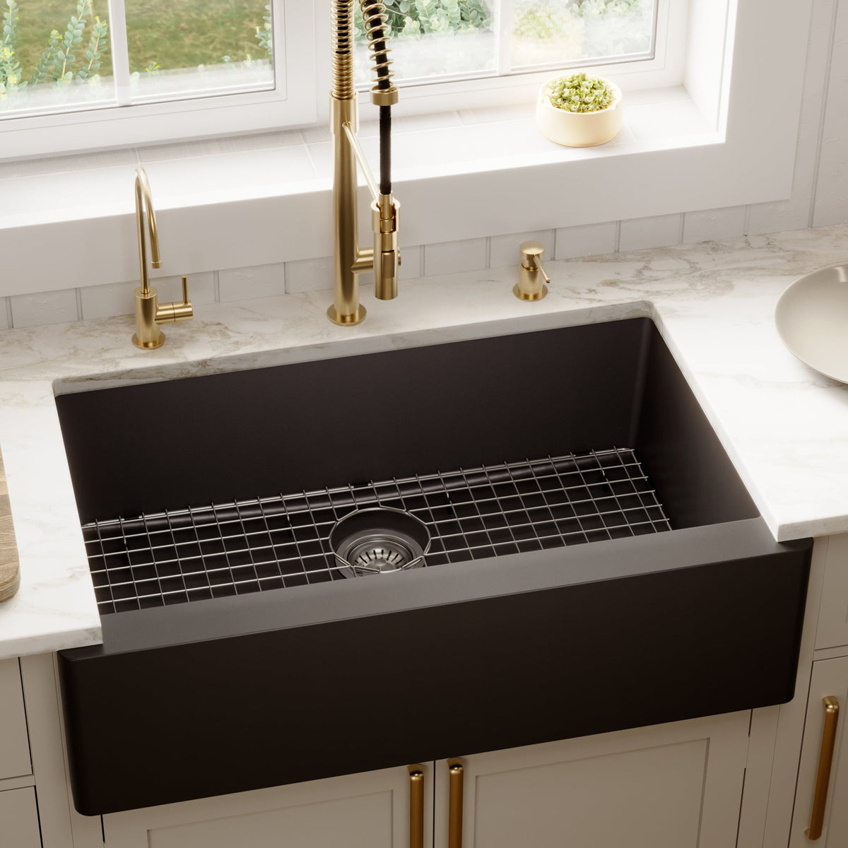 34" Farmhouse Large Single Bowl Quartz Composite Kitchen Sink Kit In Black