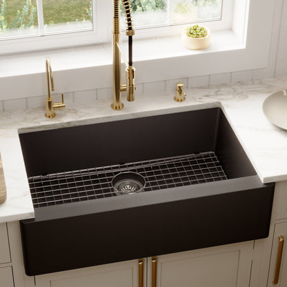 34" Farmhouse Large Single Bowl Quartz Composite Kitchen Sink Kit In Black