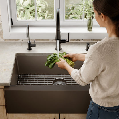 34" Farmhouse Large Single Bowl Quartz Composite Kitchen Sink Kit In Brown