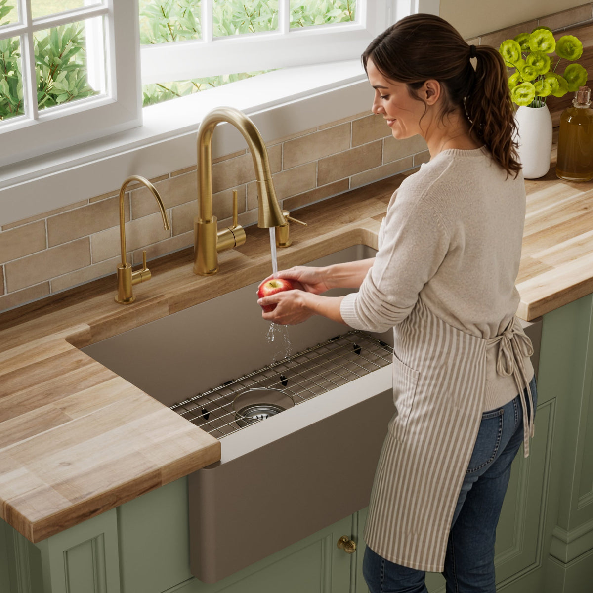34" Farmhouse Large Single Bowl Quartz Composite Kitchen Sink Kit In Concrete