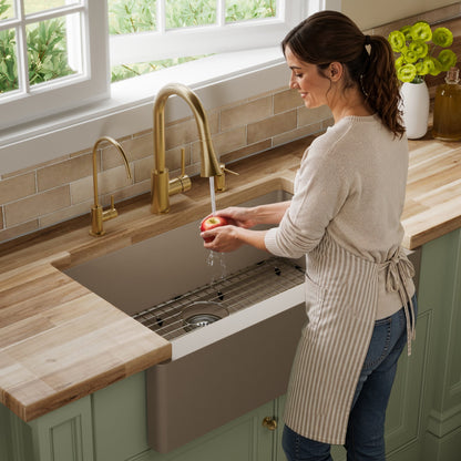 34" Farmhouse Large Single Bowl Quartz Composite Kitchen Sink Kit In Concrete