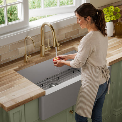 34" Farmhouse Large Single Bowl Quartz Composite Kitchen Sink Kit In Grey