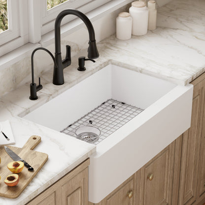 34" Farmhouse Large Single Bowl Quartz Composite Kitchen Sink Kit In White