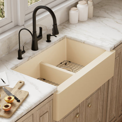34" Farmhouse Double Equal Bowl Quartz Composite Kitchen Sink Kit In Bisque
