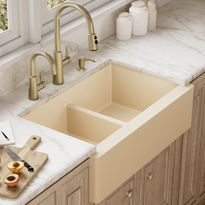 34" Farmhouse Double Equal Bowl Quartz Composite Kitchen Sink In Bisque