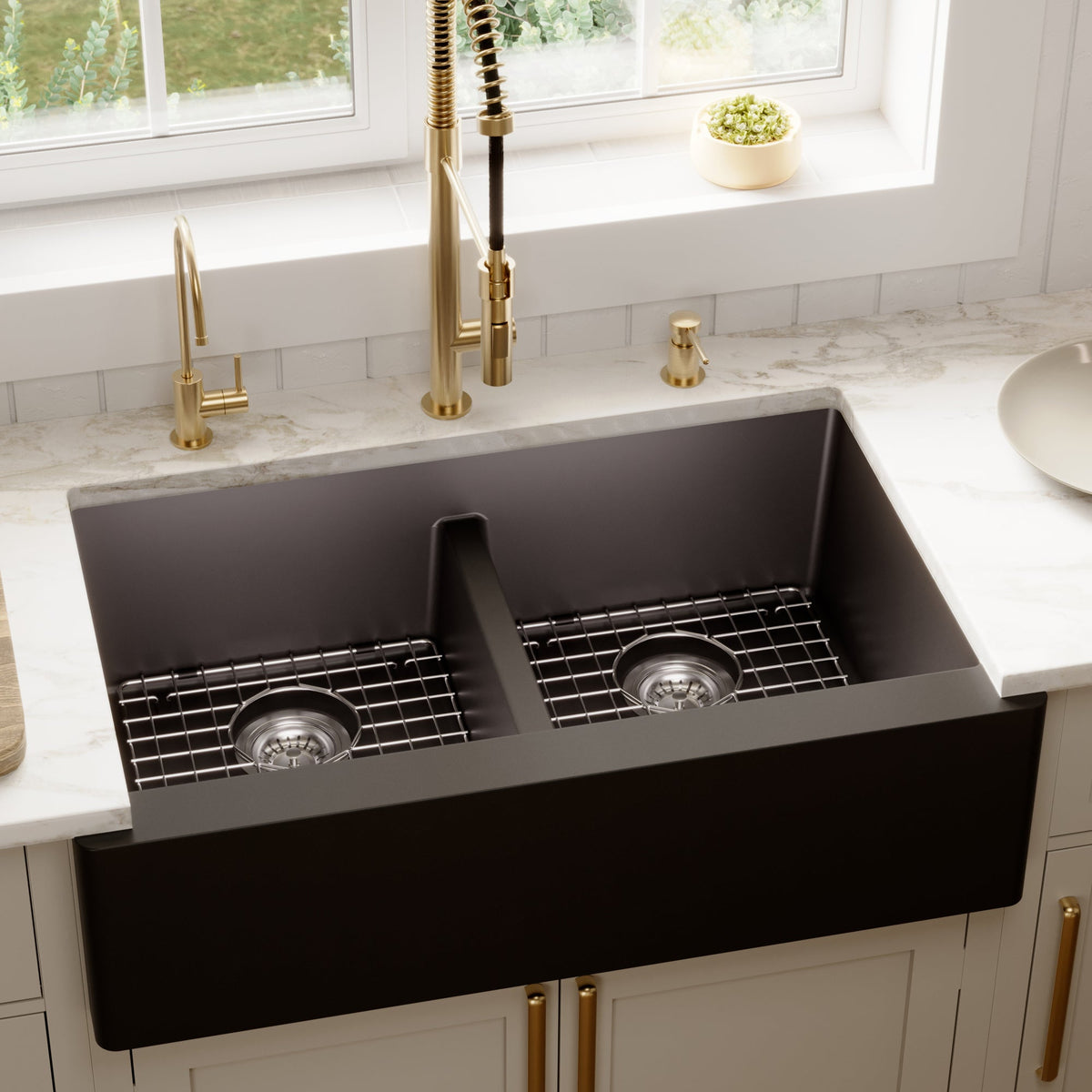 34" Farmhouse Double Equal Bowl Quartz Composite Kitchen Sink Kit In Black