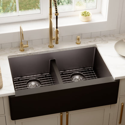 34" Farmhouse Double Equal Bowl Quartz Composite Kitchen Sink Kit In Black