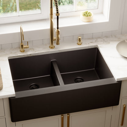 34" Farmhouse Double Equal Bowl Quartz Composite Kitchen Sink In Black