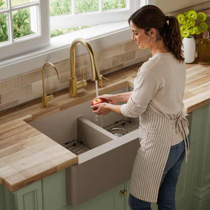 34" Farmhouse Double Equal Bowl Quartz Composite Kitchen Sink Kit In Concrete