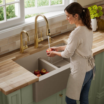 34" Farmhouse Double Equal Bowl Quartz Composite Kitchen Sink In Concrete
