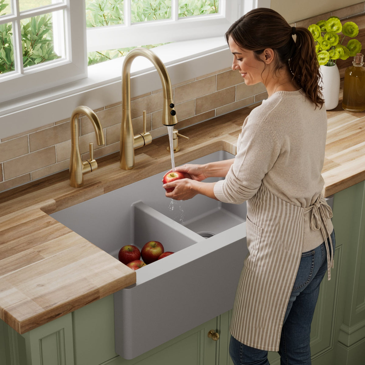 34" Farmhouse Double Equal Bowl Quartz Composite Kitchen Sink In Grey