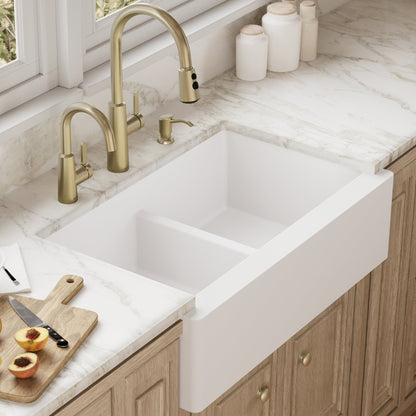 34" Farmhouse Double Equal Bowl Quartz Composite Kitchen Sink In White