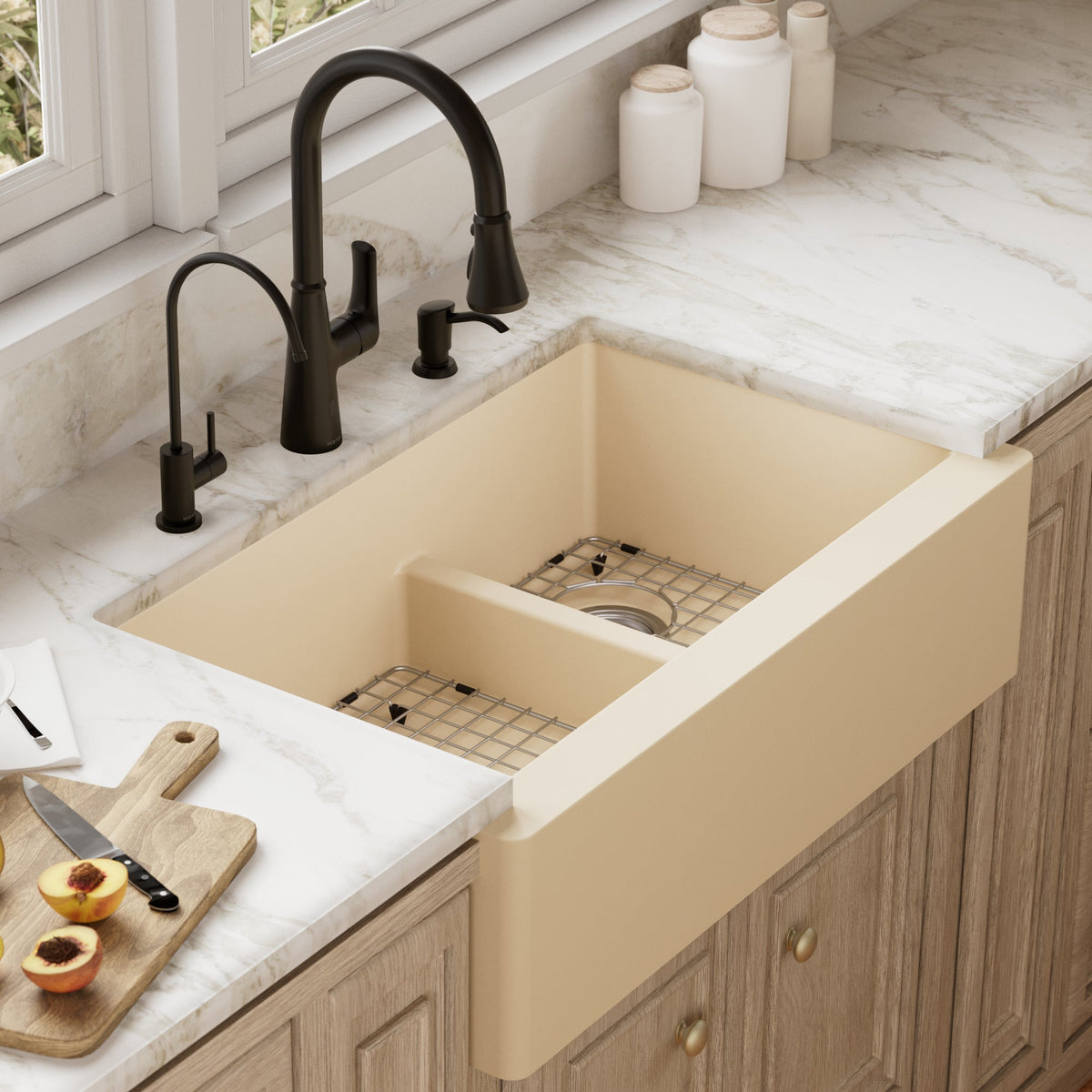 34" Farmhouse Double Offset Bowl Quartz Composite Kitchen Sink Kit In Bisque
