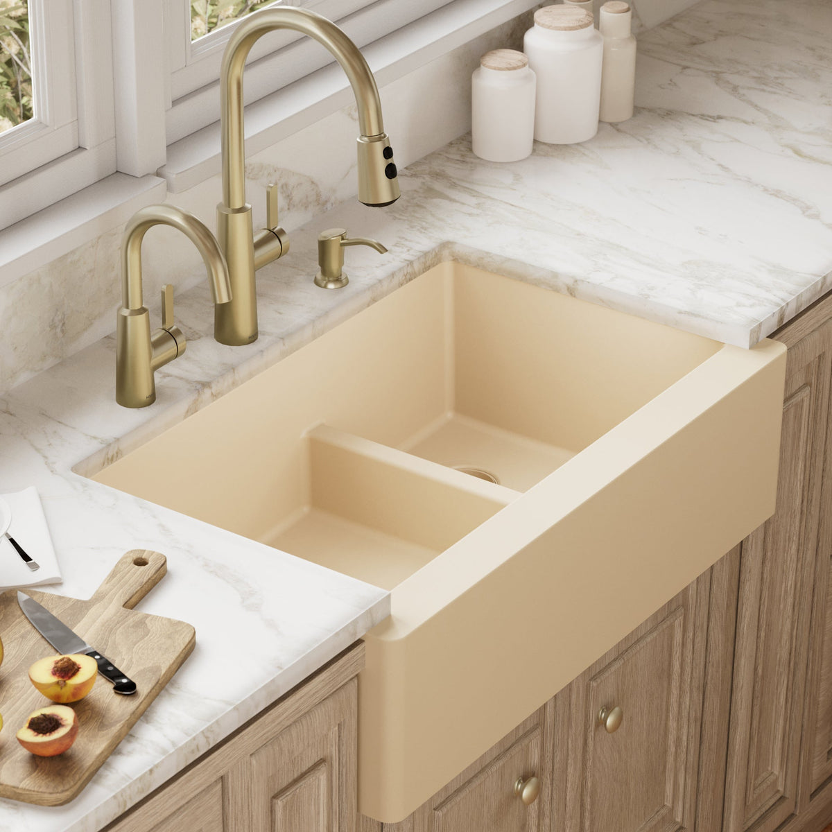 34" Farmhouse Double Offset Bowl Quartz Composite Kitchen Sink In Bisque