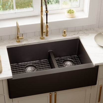 34" Farmhouse Double Offset Bowl Quartz Composite Kitchen Sink Kit In Black