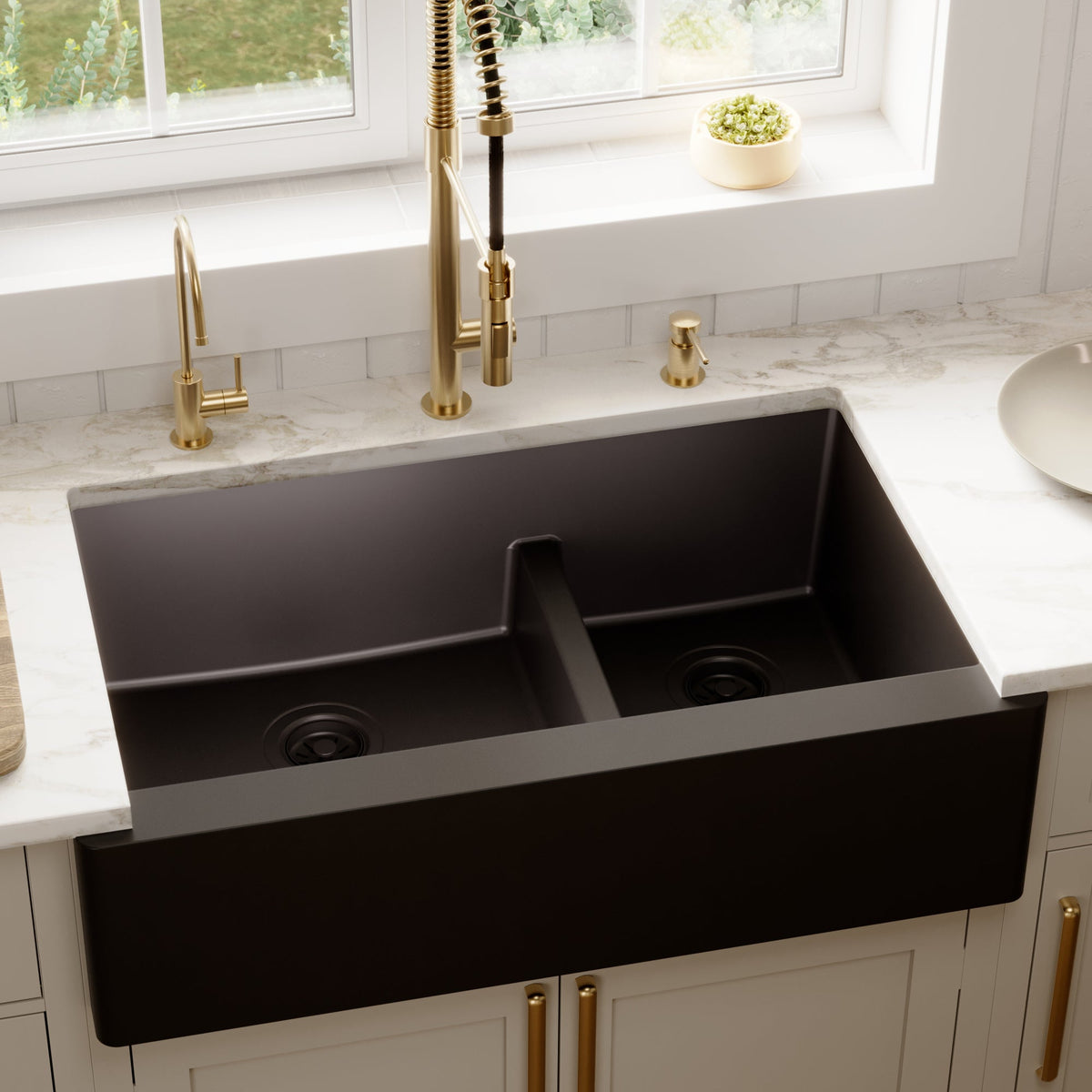 34" Farmhouse Double Offset Bowl Quartz Composite Kitchen Sink In Black