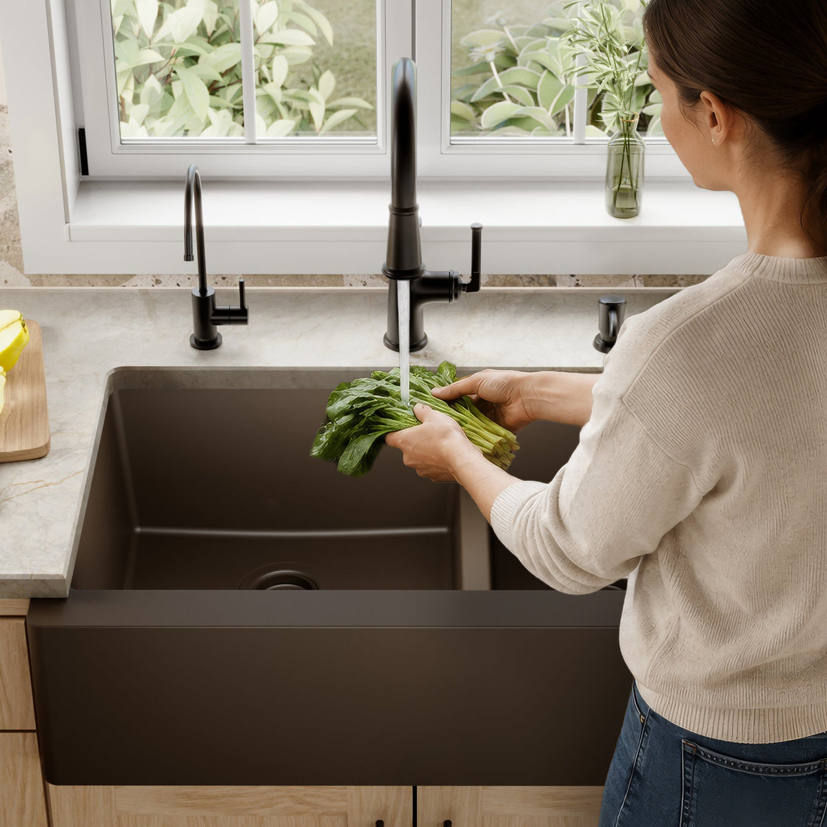 34" Farmhouse Double Offset Bowl Quartz Composite Kitchen Sink In Brown
