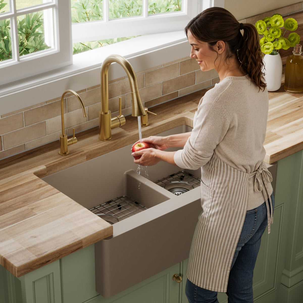 34" Farmhouse Double Offset Bowl Quartz Composite Kitchen Sink Kit In Concrete