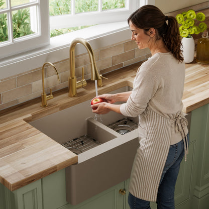 34" Farmhouse Double Offset Bowl Quartz Composite Kitchen Sink Kit In Concrete