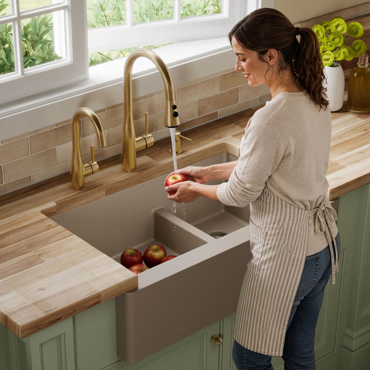 34" Farmhouse Double Offset Bowl Quartz Composite Kitchen Sink In Concrete